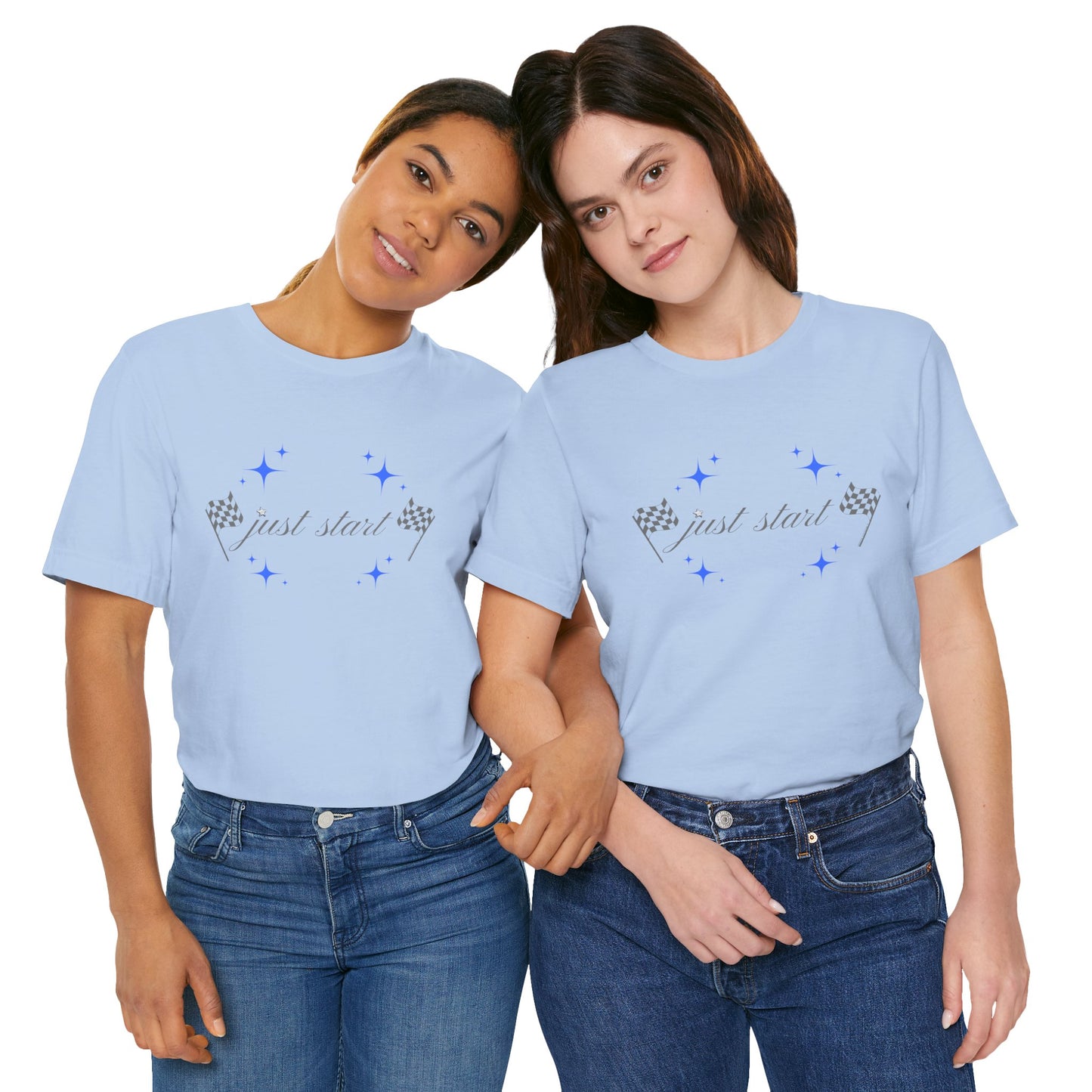 Just Start Tee Motivational Racing Flag Starry Sky Haze T-Shirt Baby Blue πβ¨