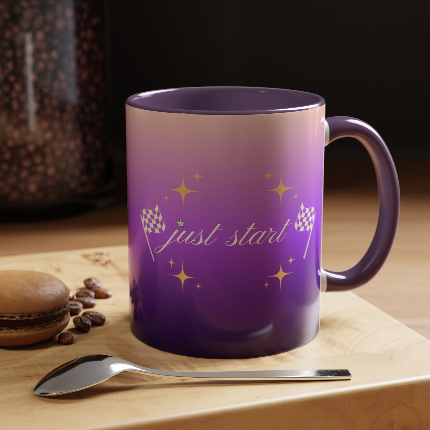 Just Start Motivational Racing Flag Starry Coffee Mug in Sunset Creme ☕️