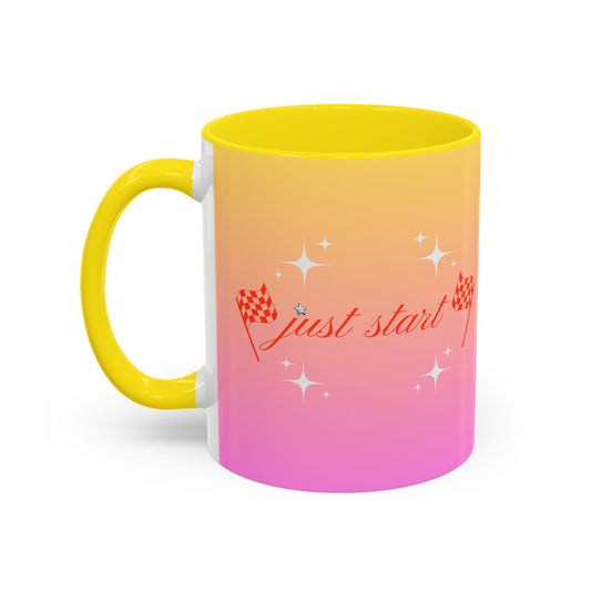 Just Start Motivational Racing Flag Starry Coffee Mug in Strawberry Peach ☕️