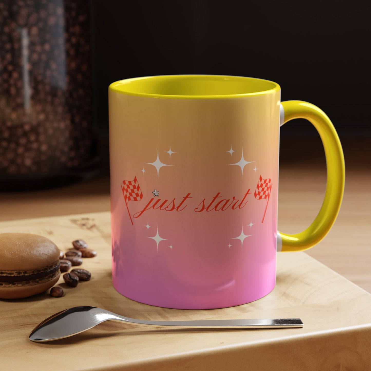 Just Start Motivational Racing Flag Starry Coffee Mug in Strawberry Peach ☕️