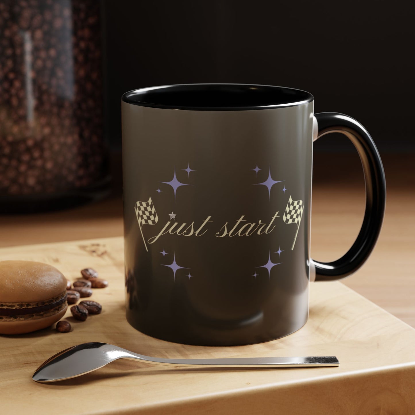Just Start Motivational Racing Flag Starry Coffee Mug in Graphite Creme ☕️