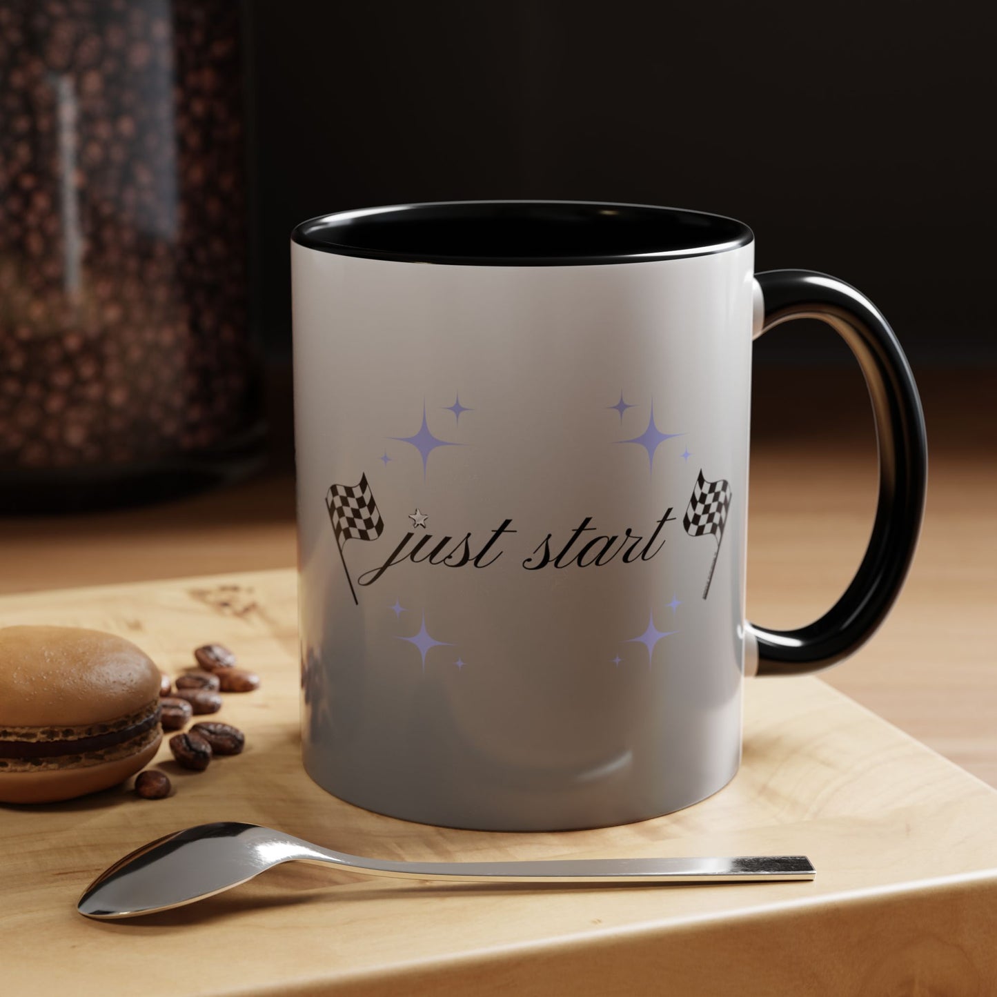 Just Start Motivational Racing Flag Starry Coffee Mug in Silver Space ☕️
