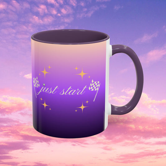 Just Start Motivational Racing Flag Starry Coffee Mug in Sunset Creme ☕️