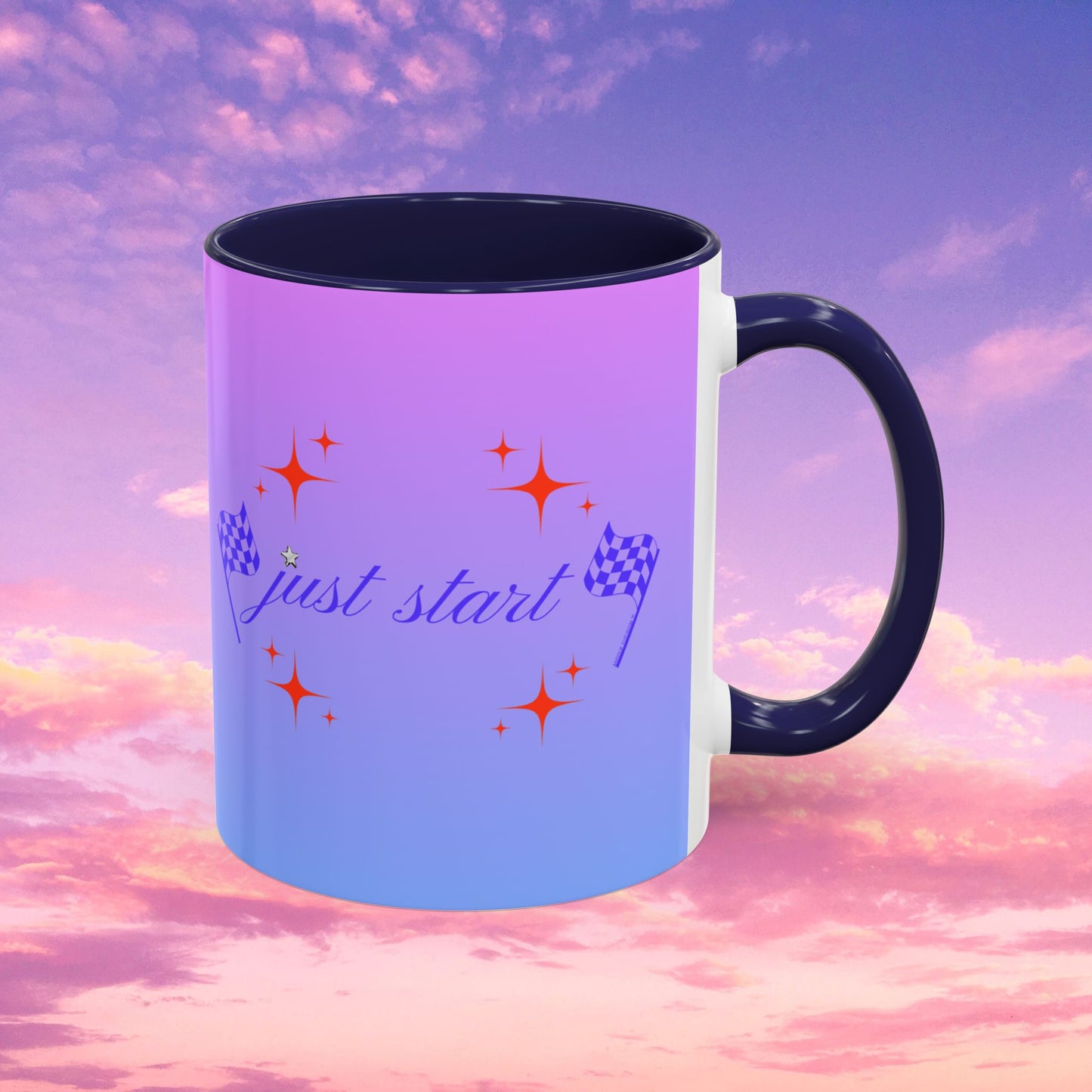Just Start Motivational Racing Flag Starry Coffee Mug in Indigo Red ☕️