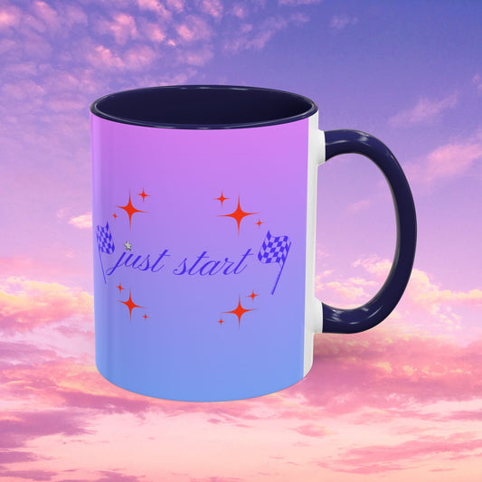 Just Start Motivational Racing Flag Starry Coffee Mug in Indigo Red ☕️