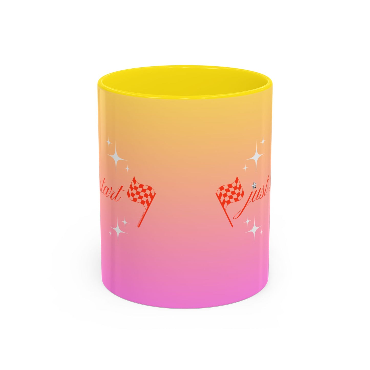Just Start Motivational Racing Flag Starry Coffee Mug in Strawberry Peach ☕️