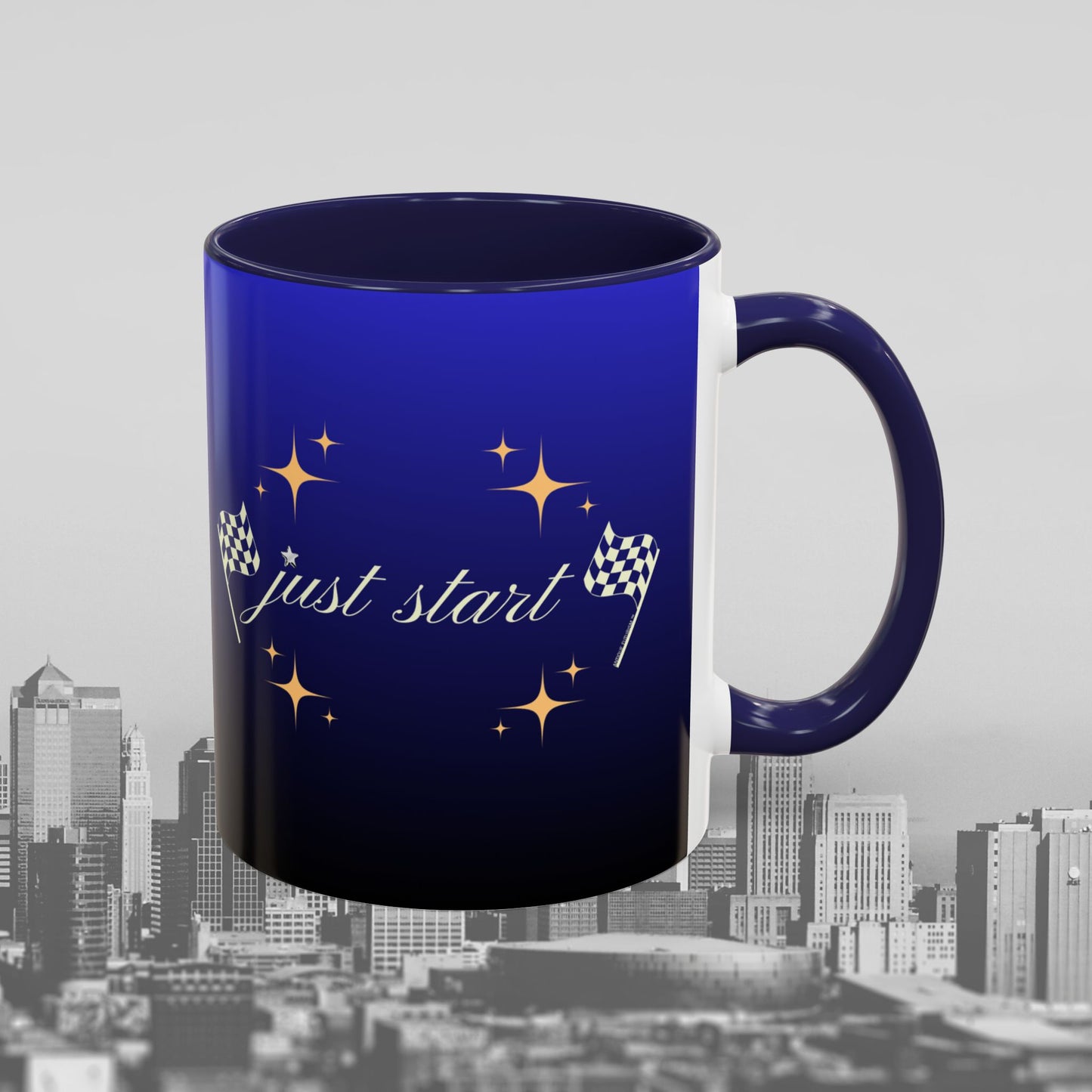 Just Start Motivational Racing Flag Starry Coffee Mug in Midnight Light ☕️