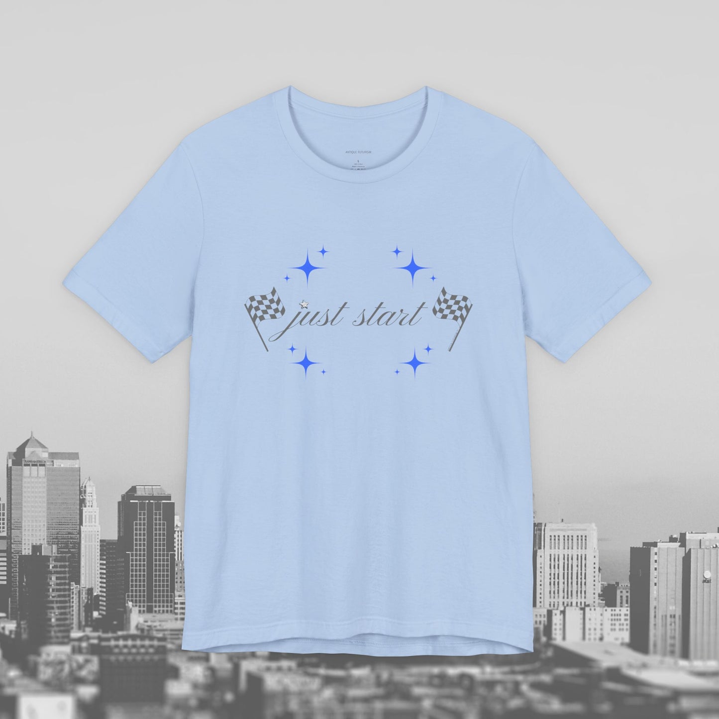 Just Start Tee Motivational Racing Flag Starry Sky Haze T-Shirt Baby Blue 🏁✨