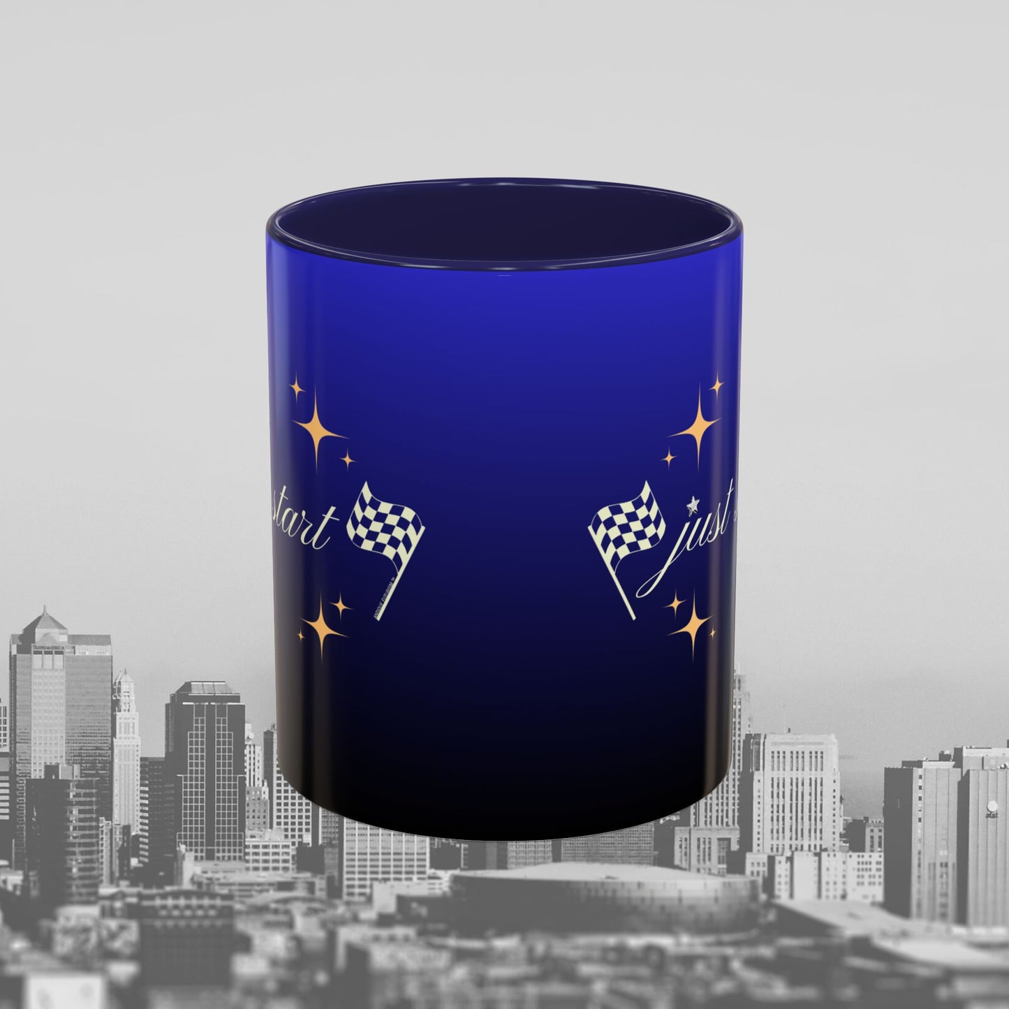 Just Start Motivational Racing Flag Starry Coffee Mug in Midnight Light ☕️