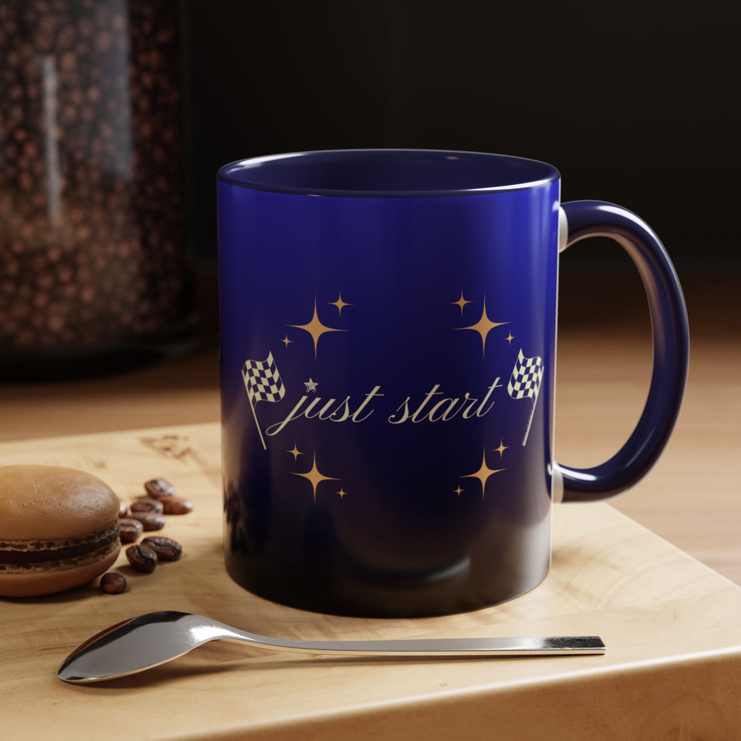 Just Start Motivational Racing Flag Starry Coffee Mug in Midnight Light ☕️