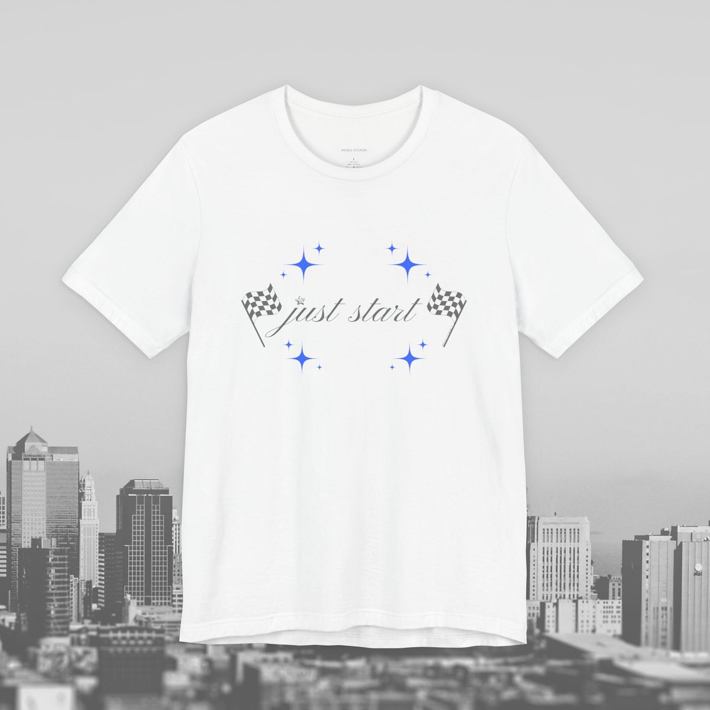 Just Start Tee Motivational Racing Flag Starry Sky Haze T-Shirt White 🏁✨