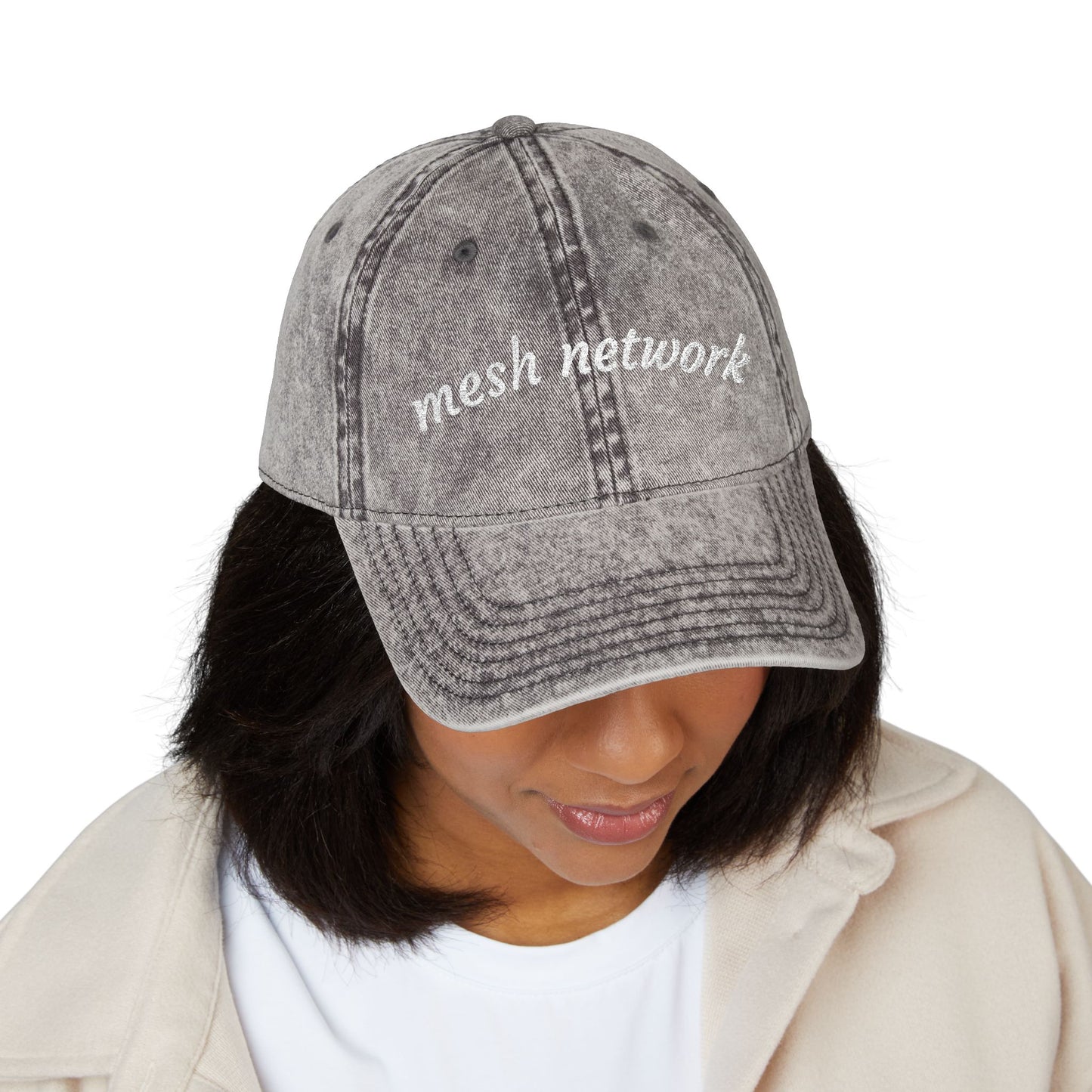 Mesh Network Embroidered Baseball Cap White on Charcoal Grey