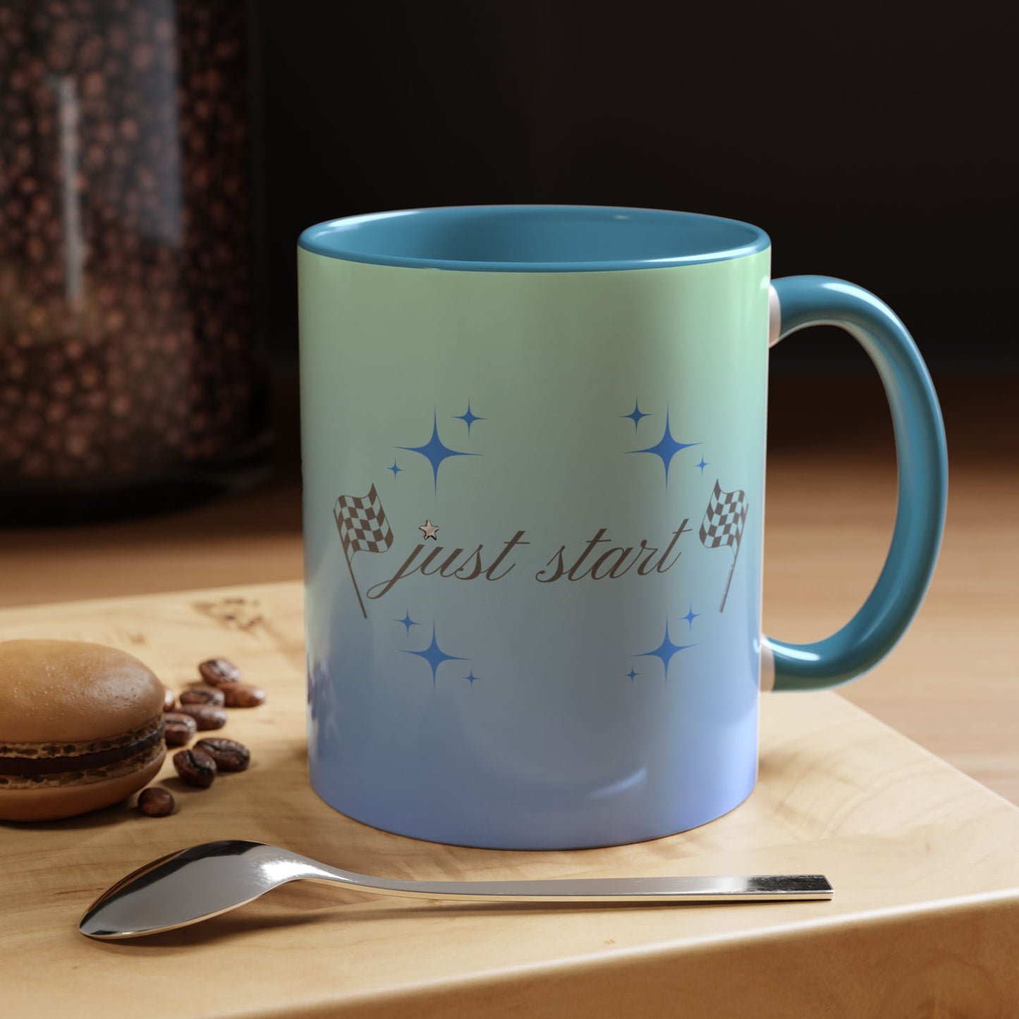 Just Start Motivational Racing Flag Starry Coffee Mug in Sky Haze ☕️