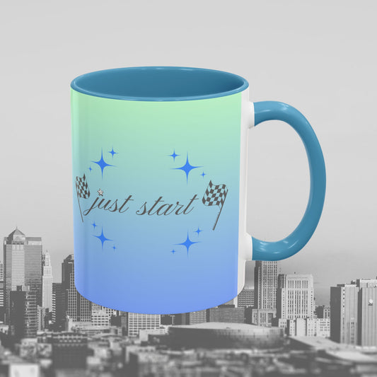Just Start Motivational Racing Flag Starry Coffee Mug in Sky Haze ☕️