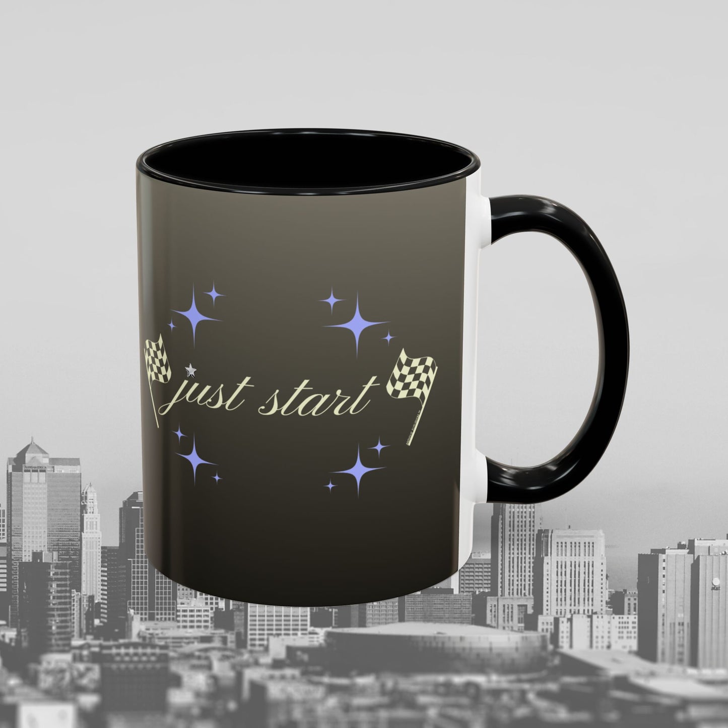 Just Start Motivational Racing Flag Starry Coffee Mug in Graphite Creme ☕️