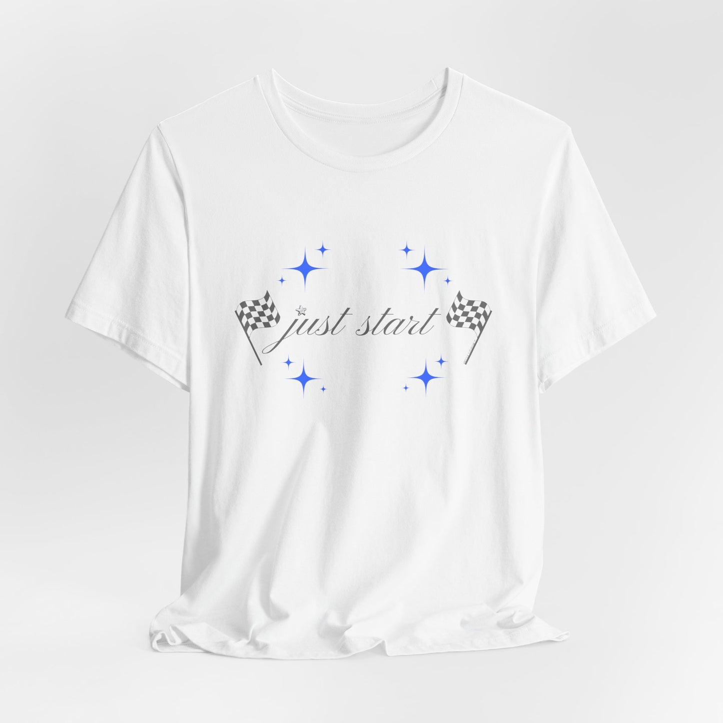 Just Start Tee Motivational Racing Flag Starry Sky Haze T-Shirt White 🏁✨