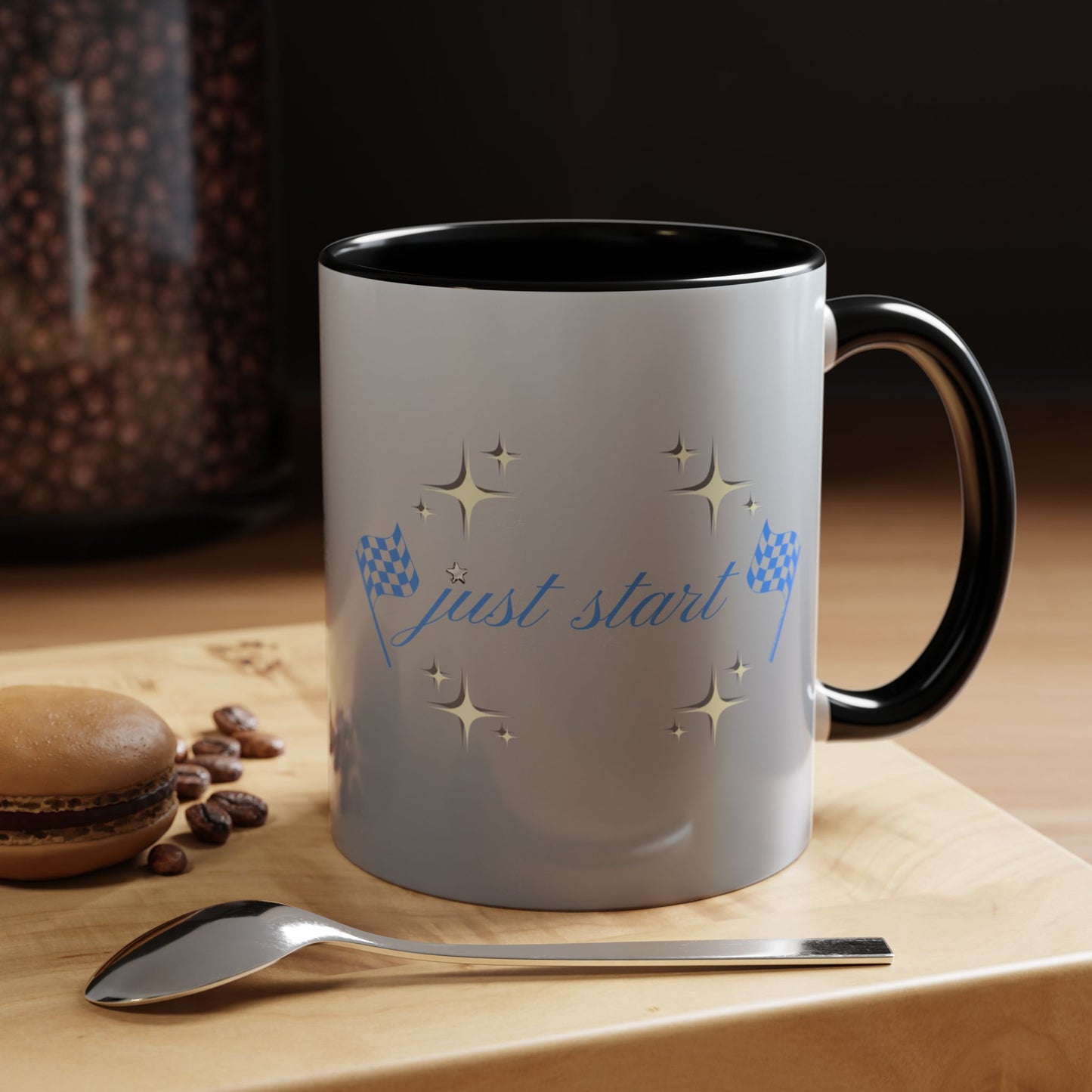 Just Start Motivational Racing Flag Starry Coffee Mug in Star Blue ☕️