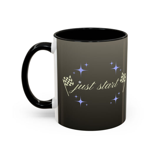 Just Start Motivational Racing Flag Starry Coffee Mug in Graphite Creme ☕️