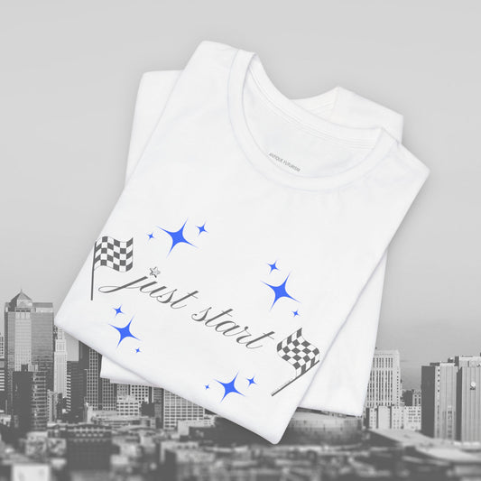 Just Start Tee Motivational Racing Flag Starry Sky Haze T-Shirt White 🏁✨