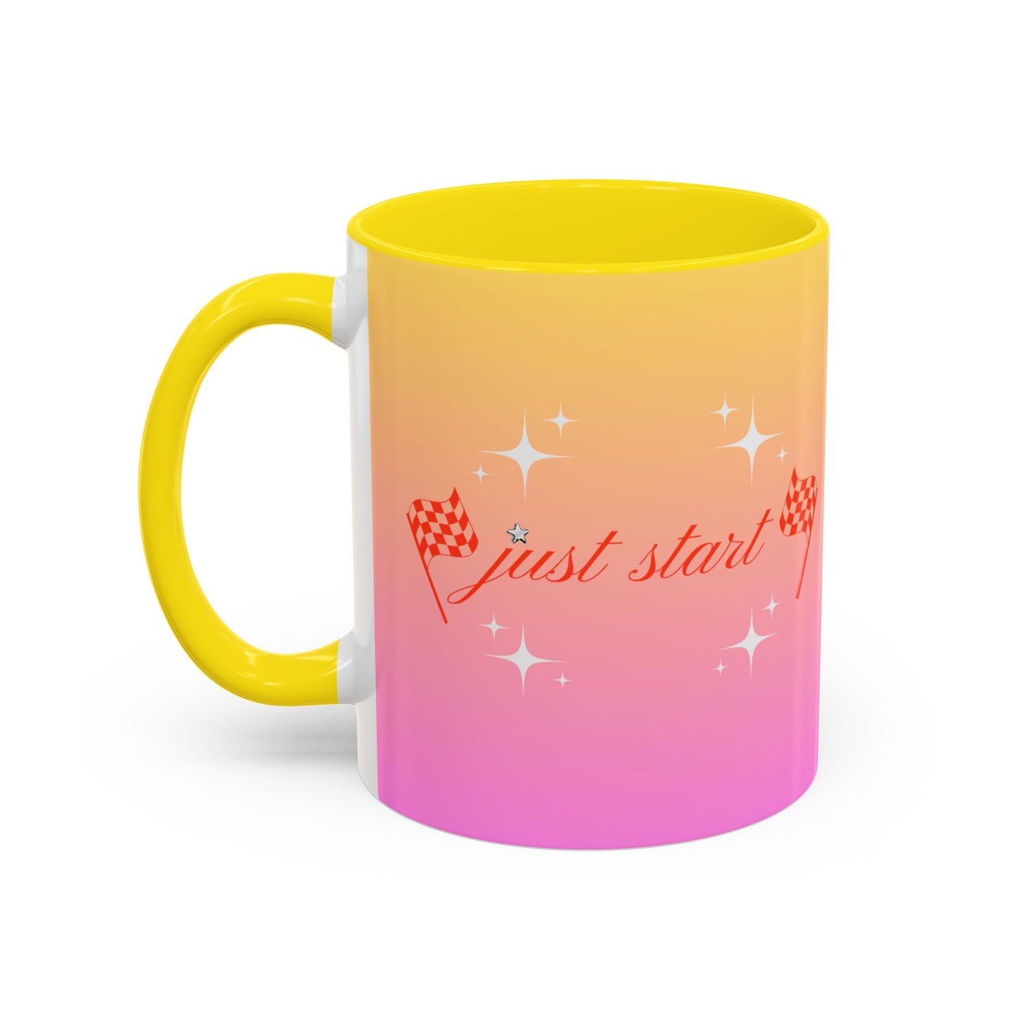 Just Start Motivational Racing Flag Starry Coffee Mug in Strawberry Peach ☕️