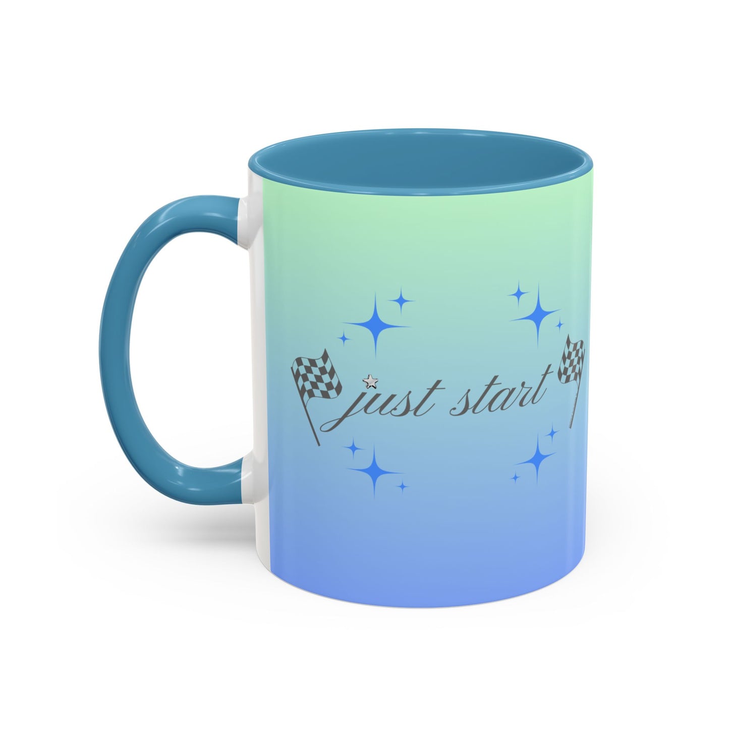 Just Start Motivational Racing Flag Starry Coffee Mug in Sky Haze ☕️