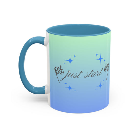 Just Start Motivational Racing Flag Starry Coffee Mug in Sky Haze ☕️