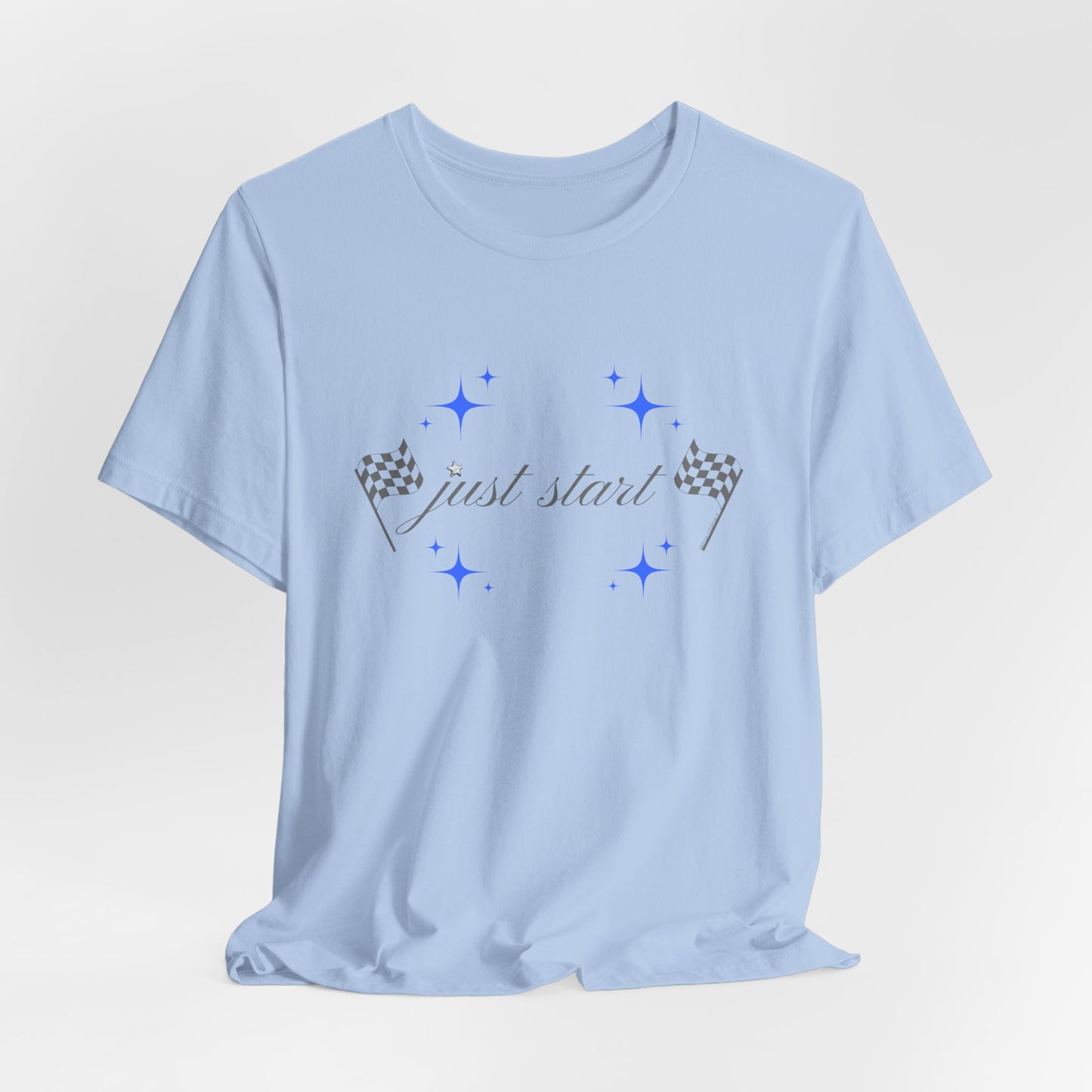 Just Start Tee Motivational Racing Flag Starry Sky Haze T-Shirt Baby Blue 🏁✨