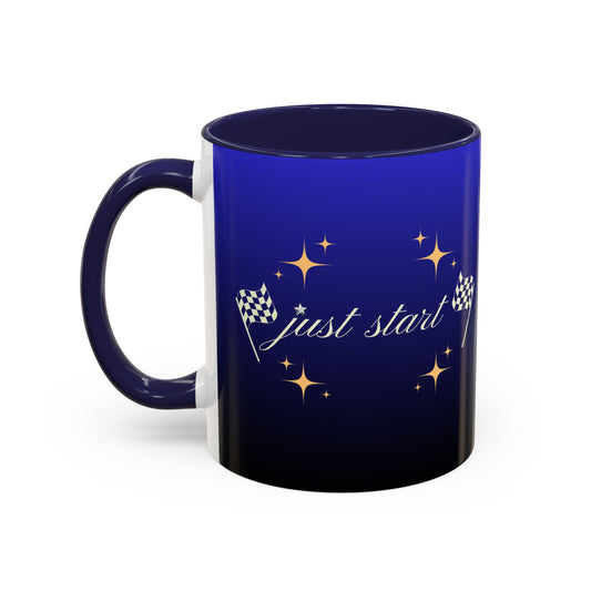 Just Start Motivational Racing Flag Starry Coffee Mug in Midnight Light ☕️