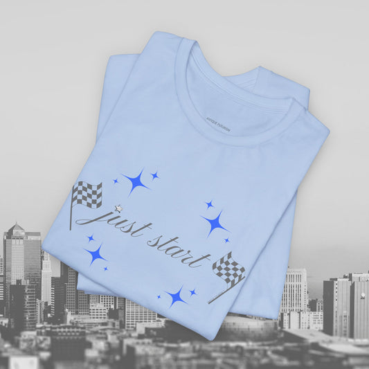 Just Start Tee Motivational Racing Flag Starry Sky Haze T-Shirt Baby Blue 🏁✨