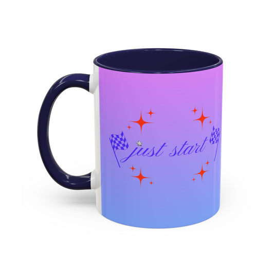 Just Start Motivational Racing Flag Starry Coffee Mug in Indigo Red ☕️