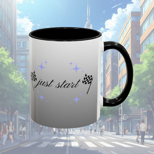Just Start Motivational Racing Flag Starry Coffee Mug in Silver Space ☕️