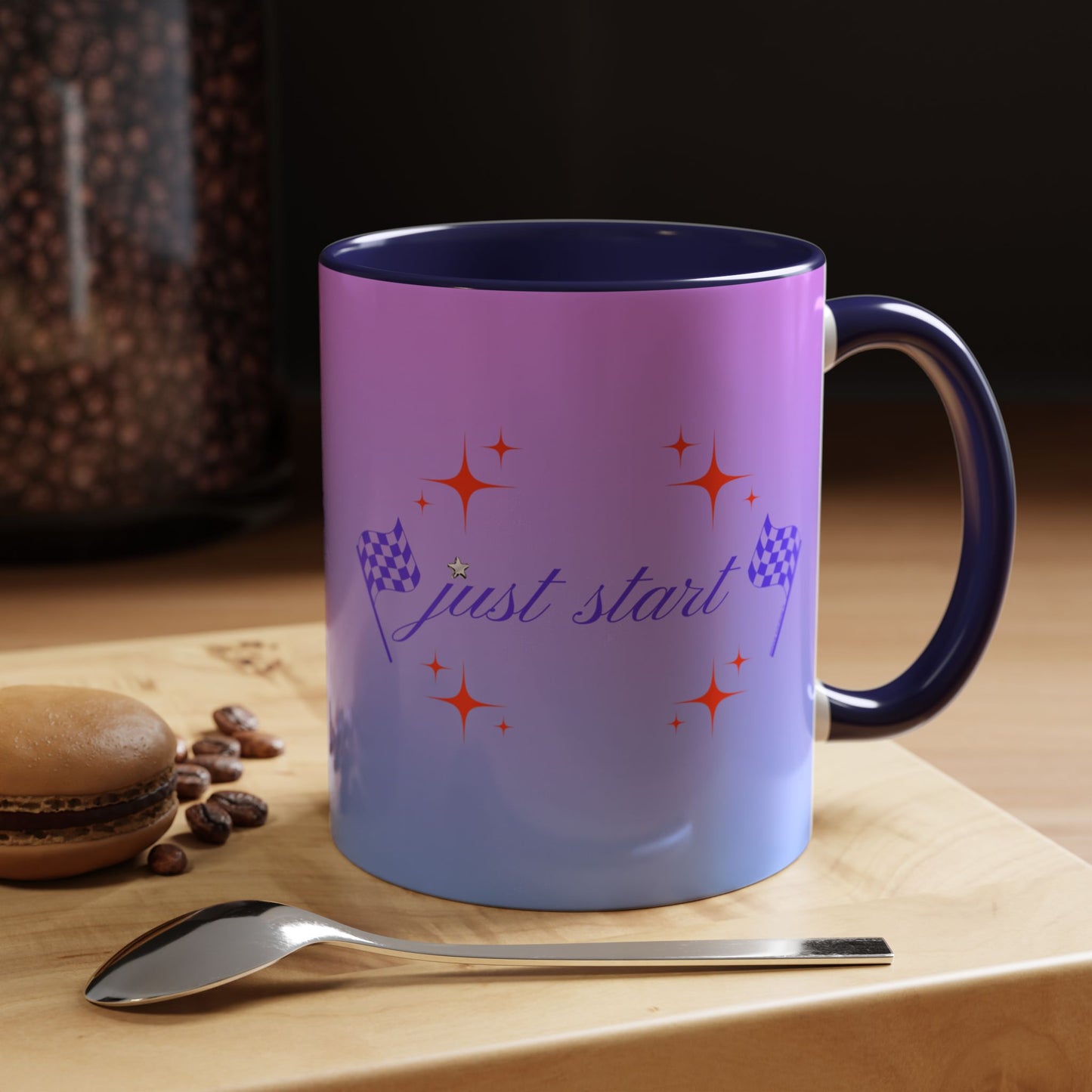 Just Start Motivational Racing Flag Starry Coffee Mug in Indigo Red ☕️