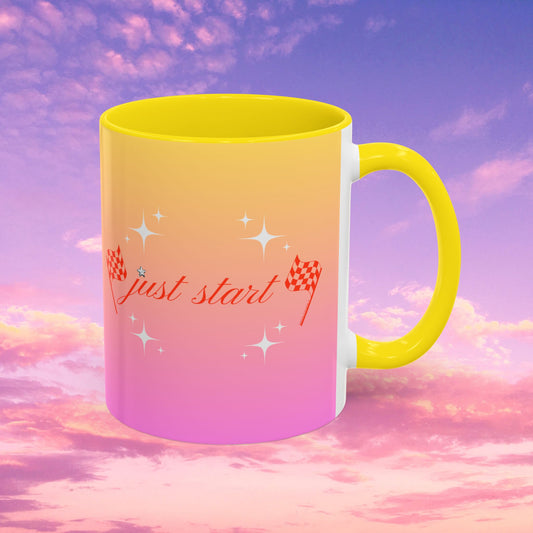 Just Start Motivational Racing Flag Starry Coffee Mug in Strawberry Peach ☕️